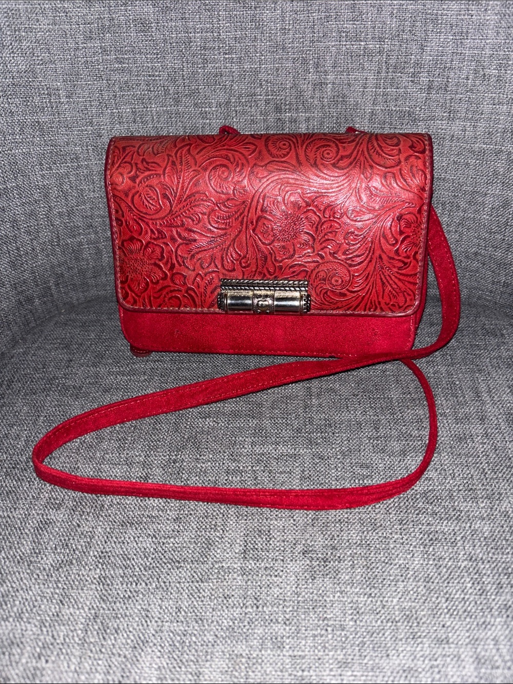Coldwater Creek Red Tooled Floral Crossbody Bag